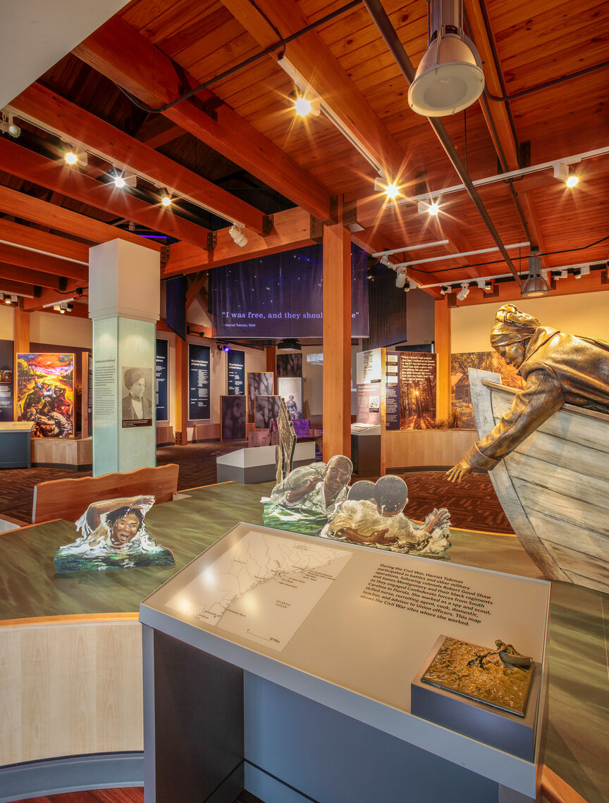 Just as the journey north was not a perfectly linear one for those seeking freedom, the design of the interpretive spaces within the Harriet Tubman Underground Railroad Visitor Center allows visitors to take detours away from the main route to discover and learn.