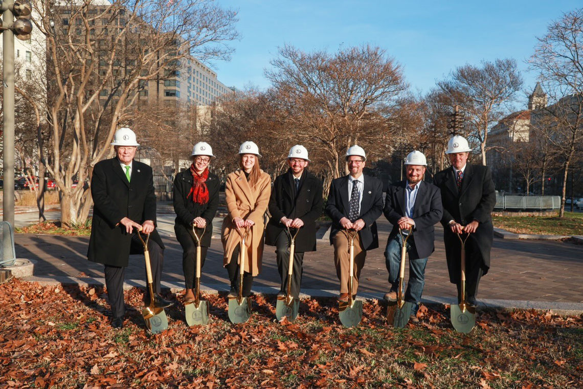 Pictured left to right: Terry Hamby (Chairman, US WWI Centennial Commission), Gabriella Salvemini (Land Collective), Emily Hahn Van Wagoner (Land Collective), Joseph Weishaar (Conceptual Artist), Brian Weisgerber (GWWO Architects), John Gregg (GWWO Architects), Edwin Fountain (Vice Chairman, US WWI Centennial Commission)
