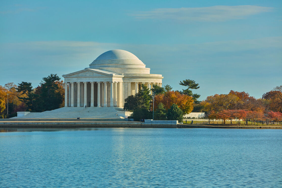 After a 10-year period during which a dark biofilm grew on the dome of the Thomas Jefferson Memorial, the exterior has now been returned to its original gleaming white appearance through a series of restorations and repairs.